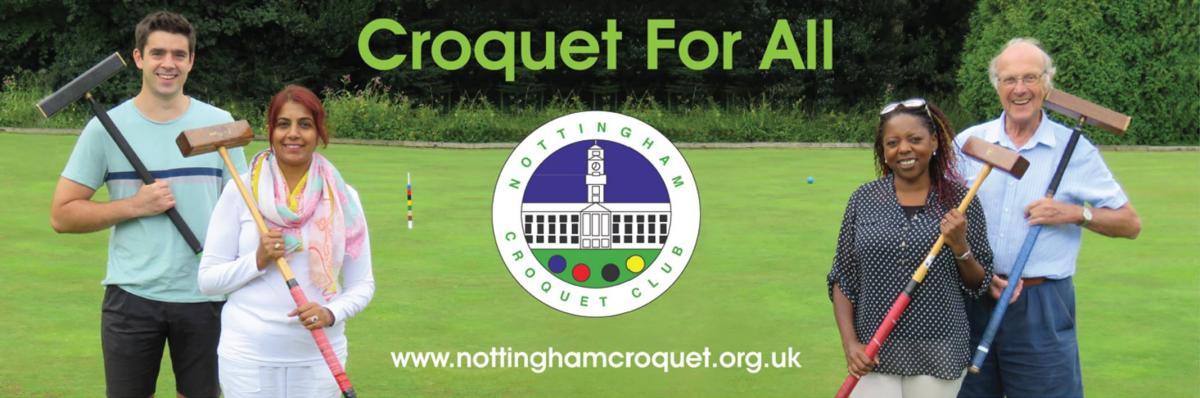 A poster with the text "Croquet for All" and images of four players of varying ages and apparent ethnic origins