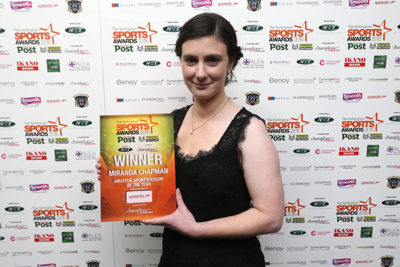 Miranda Chapman (20-something?) with award for Nottinghamshire amateur sportsperson of the year